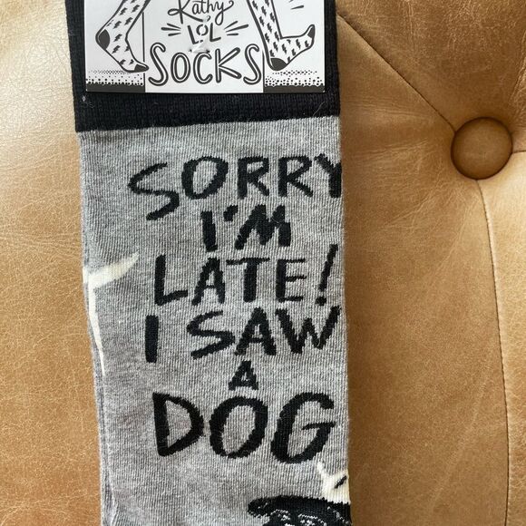 Primitives by Kathy LOL socks “ sorry I’m late I saw a dog” grey black socks - Picture 4 of 6
